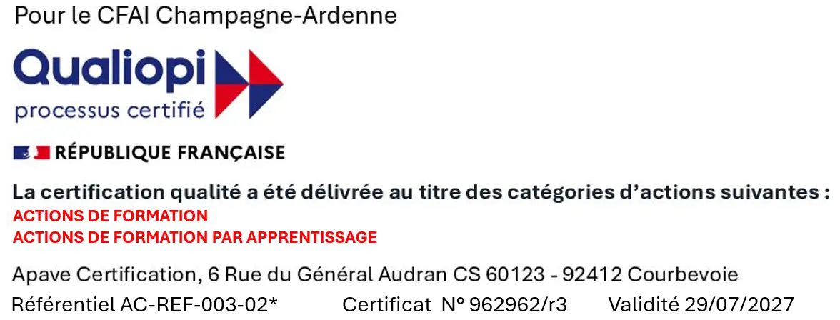 Qualiopi CFAI Champagne-Ardenne – voir le certificat
